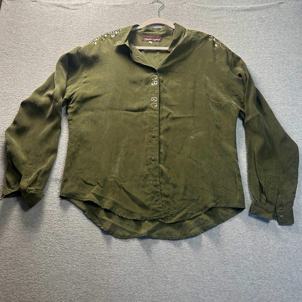 Alexander Campbell Button Front Blouse‎ Womens 14 Olive Green Beaded Shoulders